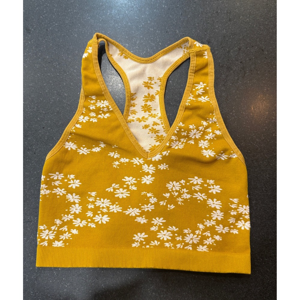 FP Movement Crop Top XS Mustard Yellow Floral Ribbed Racerback Boho Cottagecore